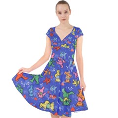 Grateful Dead Bears Pattern Cap Sleeve Front Wrap Midi Dress by Cendanart