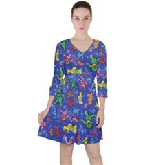 Grateful Dead Bears Pattern Quarter Sleeve Ruffle Waist Dress by Cendanart