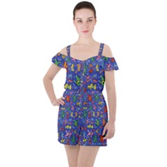 Grateful Dead Bears Pattern Ruffle Cut Out Chiffon Playsuit by Cendanart