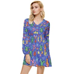 Grateful Dead Bears Pattern Tiered Long Sleeve Mini Dress by Cendanart