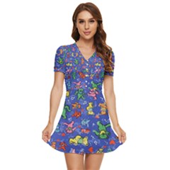 Grateful Dead Bears Pattern V-neck High Waist Chiffon Mini Dress by Cendanart