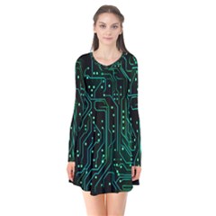 Circuits Circuit Board Green Long Sleeve V-neck Flare Dress by Ndabl3x