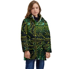 Circuits Circuit Board Yelow Kids  Hooded Longline Puffer Jacket by Ndabl3x