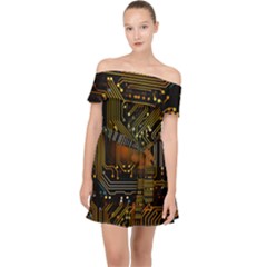 Circuits Circuit Board Orange Technology Off Shoulder Chiffon Dress by Ndabl3x