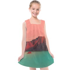 Brown Mountain Illustration Sunset Digital Art Mountains Kids  Cross Back Dress by Cendanart