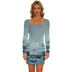 Mountain Covered Snow Mountains Clouds Fantasy Art Long Sleeve Square Neck Bodycon Velvet Dress by Cendanart