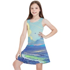 Mountains And Trees Illustration Painting Clouds Sky Landscape Kids  Lightweight Sleeveless Dress by Cendanart