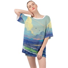 Mountains And Trees Illustration Painting Clouds Sky Landscape Oversized Chiffon Top by Cendanart