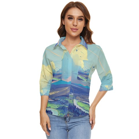 Mountains And Trees Illustration Painting Clouds Sky Landscape Women s Quarter Sleeve Pocket Shirt by Cendanart