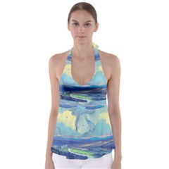 Mountains And Trees Illustration Painting Clouds Sky Landscape Tie Back Tankini Top by Cendanart