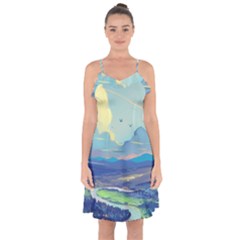 Mountains And Trees Illustration Painting Clouds Sky Landscape Ruffle Detail Chiffon Dress by Cendanart