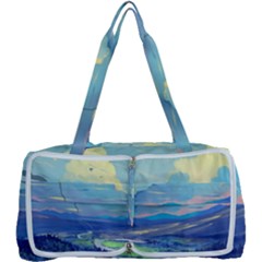 Mountains And Trees Illustration Painting Clouds Sky Landscape Multi Function Bag by Cendanart