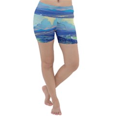 Mountains And Trees Illustration Painting Clouds Sky Landscape Lightweight Velour Yoga Shorts by Cendanart