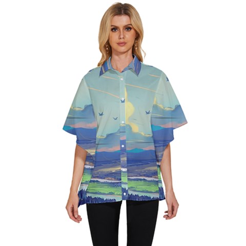 Mountains And Trees Illustration Painting Clouds Sky Landscape Women s Batwing Button Up Shirt by Cendanart