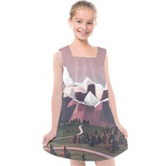 White And Brown Mountain Illustration Digital Art Kids  Cross Back Dress by Cendanart