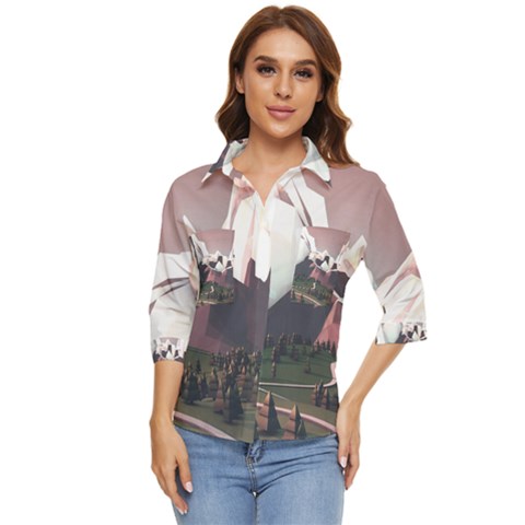 White And Brown Mountain Illustration Digital Art Women s Quarter Sleeve Pocket Shirt by Cendanart