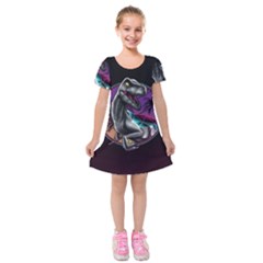 Style Dinosaur  80s Synth Retrowave Kids  Short Sleeve Velvet Dress by Cendanart