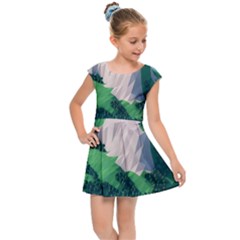 Green And White Polygonal Mountain Kids  Cap Sleeve Dress by Cendanart