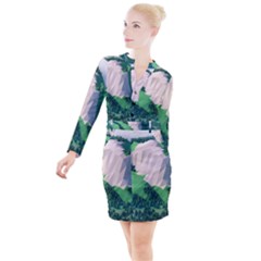 Green And White Polygonal Mountain Button Long Sleeve Dress by Cendanart