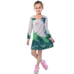 Green And White Polygonal Mountain Kids  Long Sleeve Velvet Dress by Cendanart