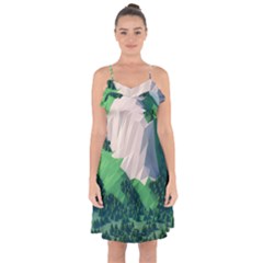 Green And White Polygonal Mountain Ruffle Detail Chiffon Dress by Cendanart