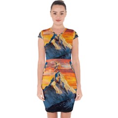 Snow Capped Mountain Himalayas Clouds Landscape Nature Capsleeve Drawstring Dress  by Cendanart