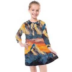 Snow Capped Mountain Himalayas Clouds Landscape Nature Kids  Quarter Sleeve Shirt Dress by Cendanart