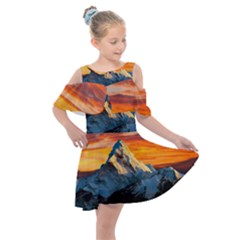 Snow Capped Mountain Himalayas Clouds Landscape Nature Kids  Shoulder Cutout Chiffon Dress by Cendanart