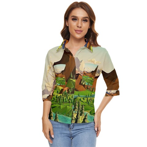 River Between Green Forest With Brown Mountain Women s Quarter Sleeve Pocket Shirt by Cendanart