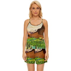 River Between Green Forest With Brown Mountain Satin Pajama Short Set by Cendanart