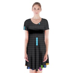 Tetris Game Short Sleeve V-neck Flare Dress by Cendanart