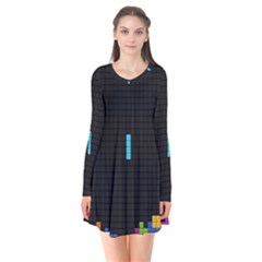 Tetris Game Long Sleeve V-neck Flare Dress by Cendanart