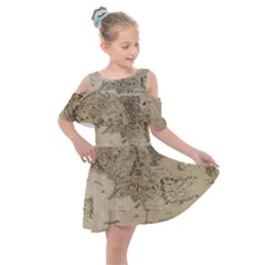 Retro Vintage Gray Map Middle Earth Kids  Shoulder Cutout Chiffon Dress by Cendanart