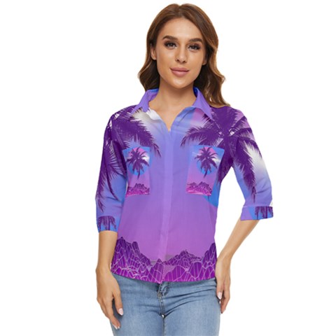 Palm Tree Vaporwave Synthwave Retro Style Women s Quarter Sleeve Pocket Shirt by Cendanart