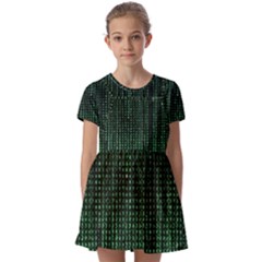 Green Matrix Code Illustration Digital Art Portrait Display Kids  Short Sleeve Pinafore Style Dress by Cendanart