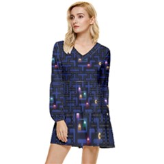 Retro Games Tiered Long Sleeve Mini Dress by Cendanart