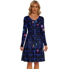 Retro Games Long Sleeve Dress With Pocket by Cendanart