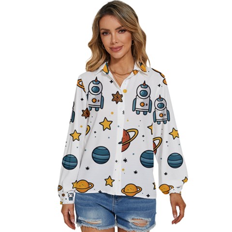 Set Cartoon Symbol Pattern Women s Long Sleeve Button Up Shirt by Bedest