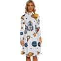 Set Cartoon Symbol Pattern Long Sleeve Shirt Collar A-Line Dress View1