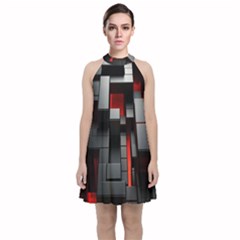 3d Back Red Abstract Pattern Velvet Halter Neckline Dress  by Grandong