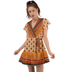 Aztec Vintage Orange Tribal Print Flutter Sleeve Wrap Dress by CoolDesigns