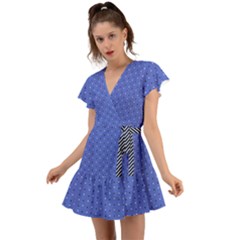 Dodger Blue Polka Dots Print Stripe Waist Flutter Sleeve Wrap Dress by CoolDesigns