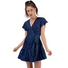 Night Sky Blue Moon Boat Reflection Flutter Sleeve Wrap Dress by CoolDesigns