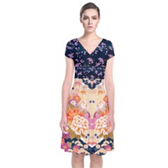 Bright Blossom Dark Navy Cherry Blossom Short Sleeve Front Wrap Dress by CoolDesigns