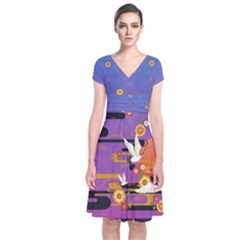 Medium Purple Japanese Style Cherry Blossom Short Sleeve Front Wrap Dress   by CoolDesigns