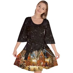 Starry Night Black Xmas Snow Print Velour Kimono Dress by CoolDesigns