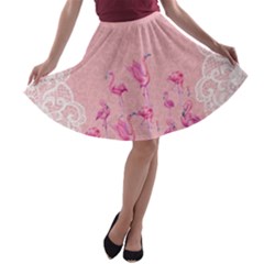 Lace Flamingos Pink A-line Skater Skirt by CoolDesigns