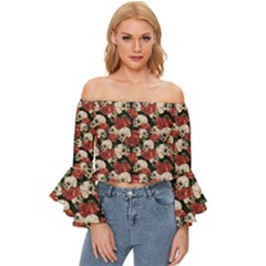 Black Skulls Roses Pattern Off Shoulder Flutter Bell Sleeve Top by CoolDesigns