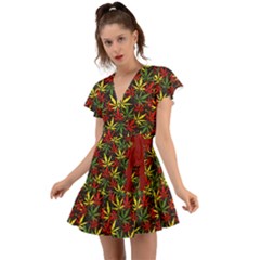 Marijuana Dark Green & Red Cannabis Leaves Flutter Sleeve Wrap Dress by CoolDesigns