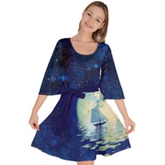 Night Sky Blue Moon Boat Reflection Velour Kimono Dress by CoolDesigns